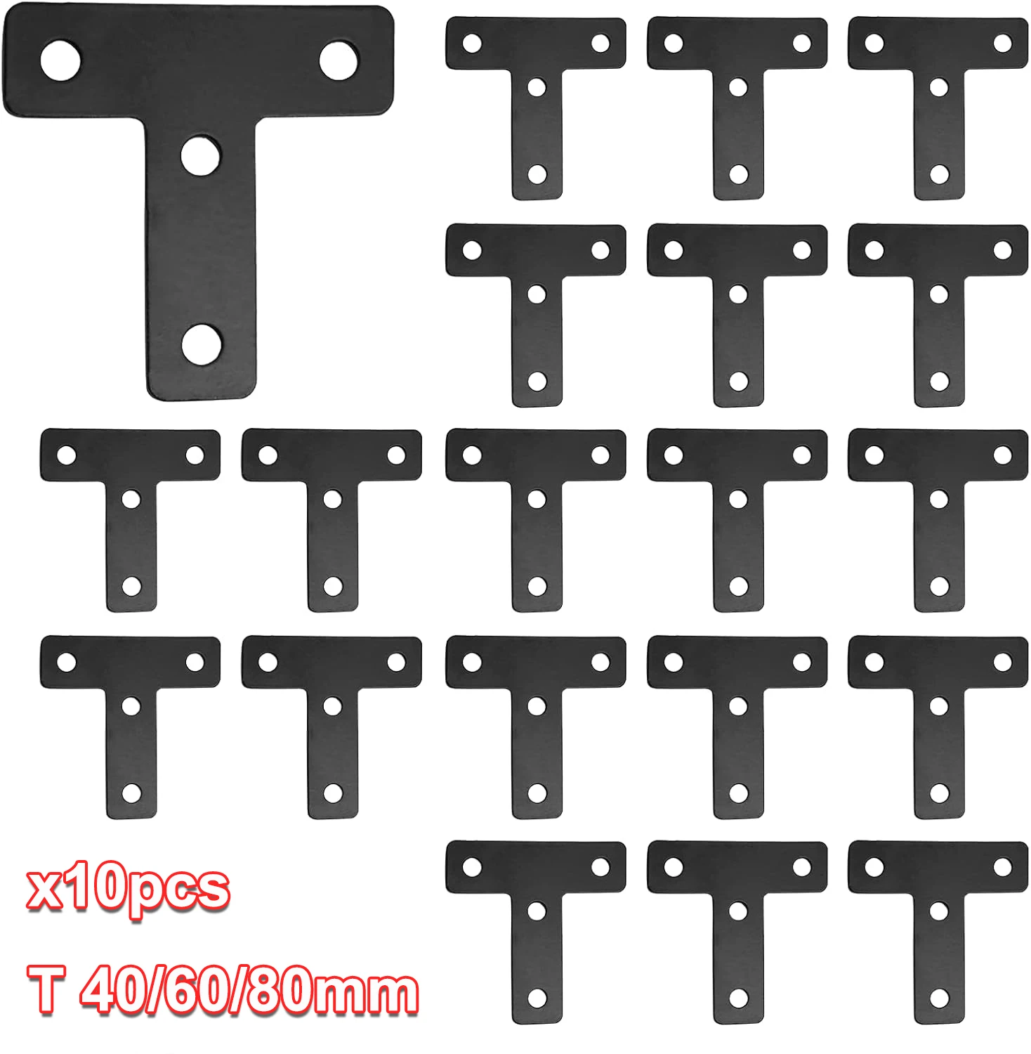 10Pcs Black T Corner Braces T Bracket Connector 40/60/80mm(1.6/2.4/3.2Inch) T Shape Flat Mending Plates Fixing Repair Plates
