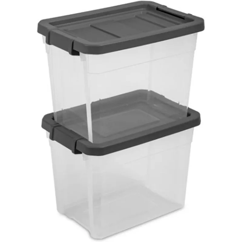 Plastic Stacker Box, Lidded Storage Bin Container for Home and Garage Organizing, Shoes, Tools, Clear Base & Gray Lid, 6-Pack