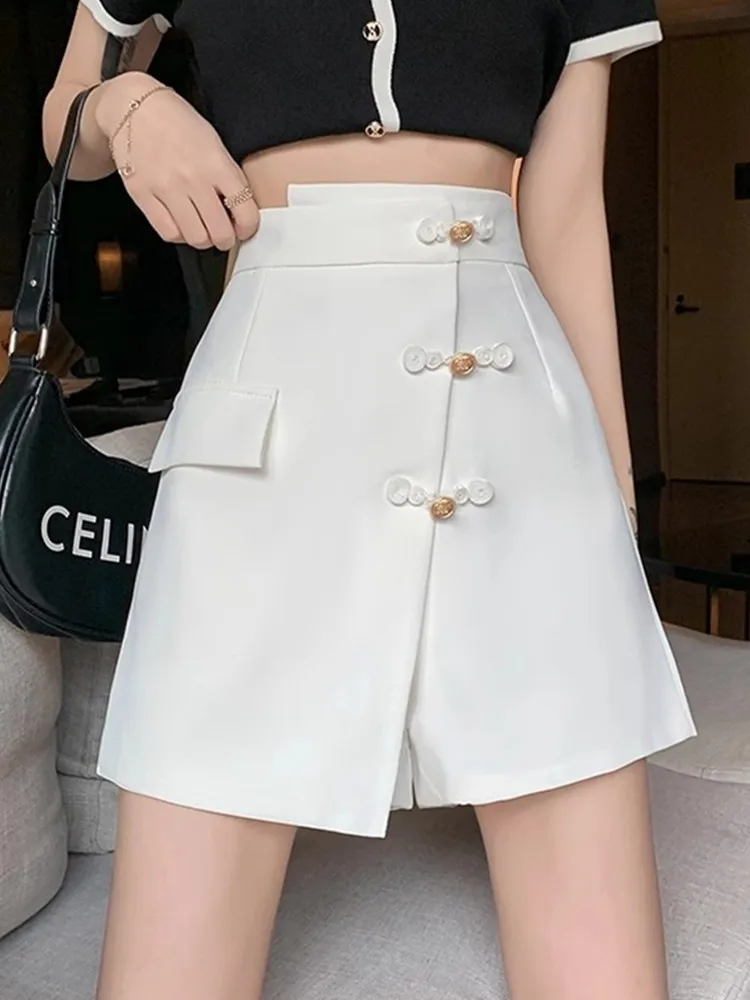 SMTHMA Women's Black White High Waist Casual Shorts Ladies Solid Color Buttons Irregular 2024 New Spring Summer Office Pants