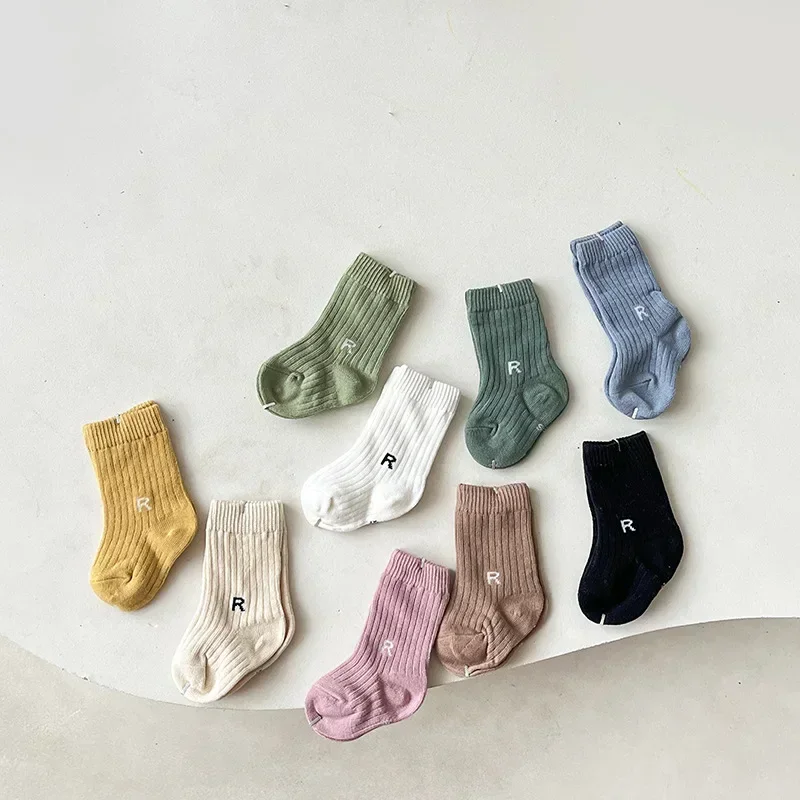 1 Pair Baby Socks Korean Style Solid Color Letter R Short Ankle Sock for Toddler Boy Girl Spring Summer Cotton Sock for Kids