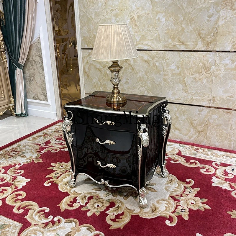 

FG bedside table solid wood carving flower bedside table with veneer parquet bedroom locker