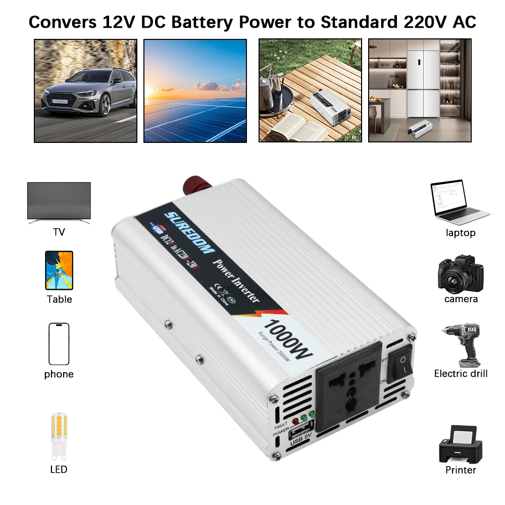 Switch LED Indicator Cigar Lighter Plug/Clip Adapter With USB Charger Port ​Car Inverter DC 12V to AC 220V Universal Socket