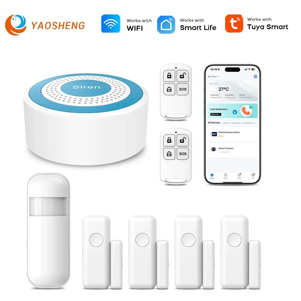 

Приложение Tuya Smart Life, Wi-Fi, комплект умной домашней сигнализации, беспроводной датчик двери 433 МГц, сирена для гаража, офиса, защита безопасности