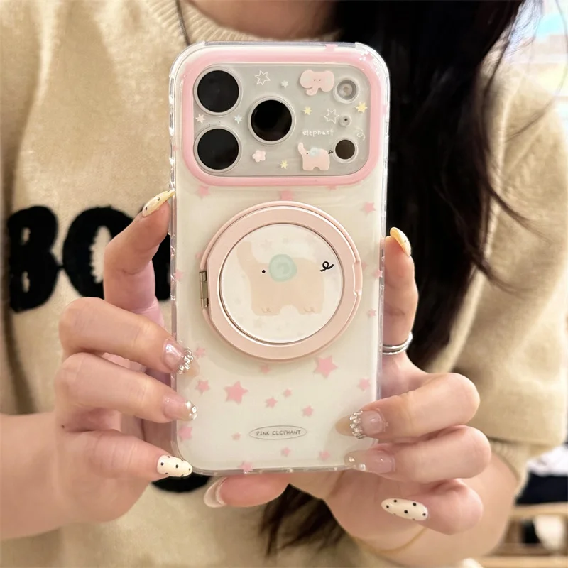 

Compatible Phone Case with 360° Rotatable Stand Cute Elephant Print For iPhone 15 16 17 Pro Max Clear Glitter Protective Cover