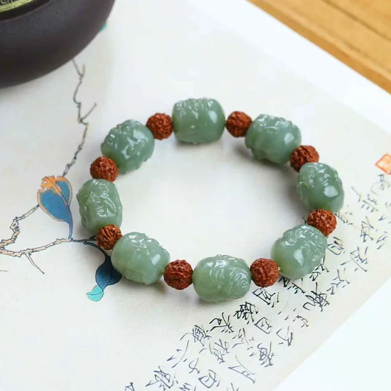 

Natural Hetian Qiemo Old Material Handicraft Jade Luohan Bracelet With Certificate