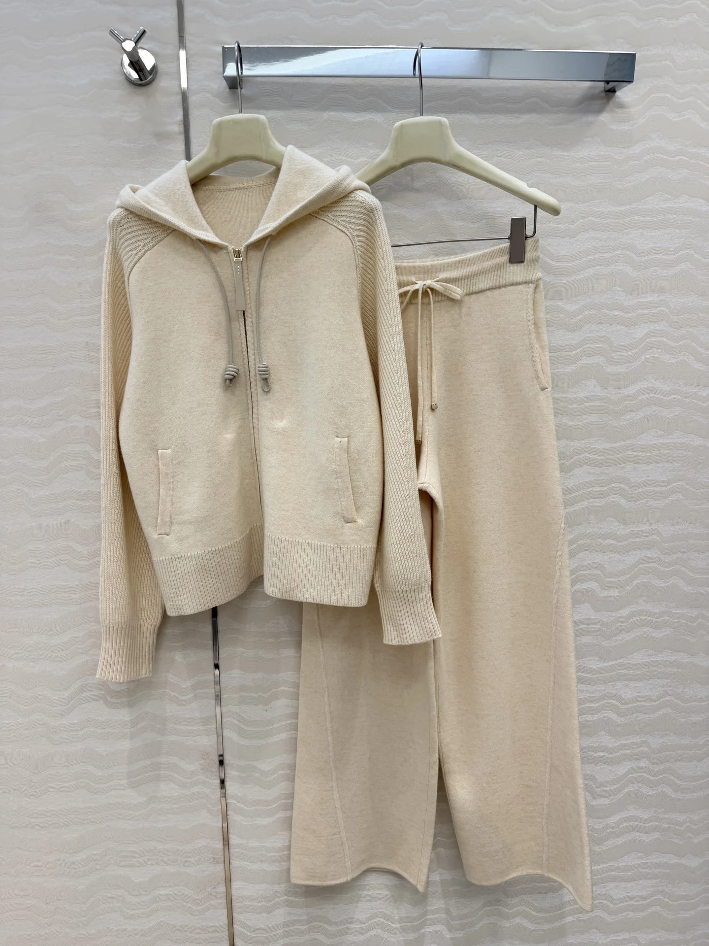 Women Elegant Casual Cashmere Knit Hooded Jacket & Wide Leg Pants Set, Premium Yarn, 90 Wool 10 Cashmere, Leather Drawstring De