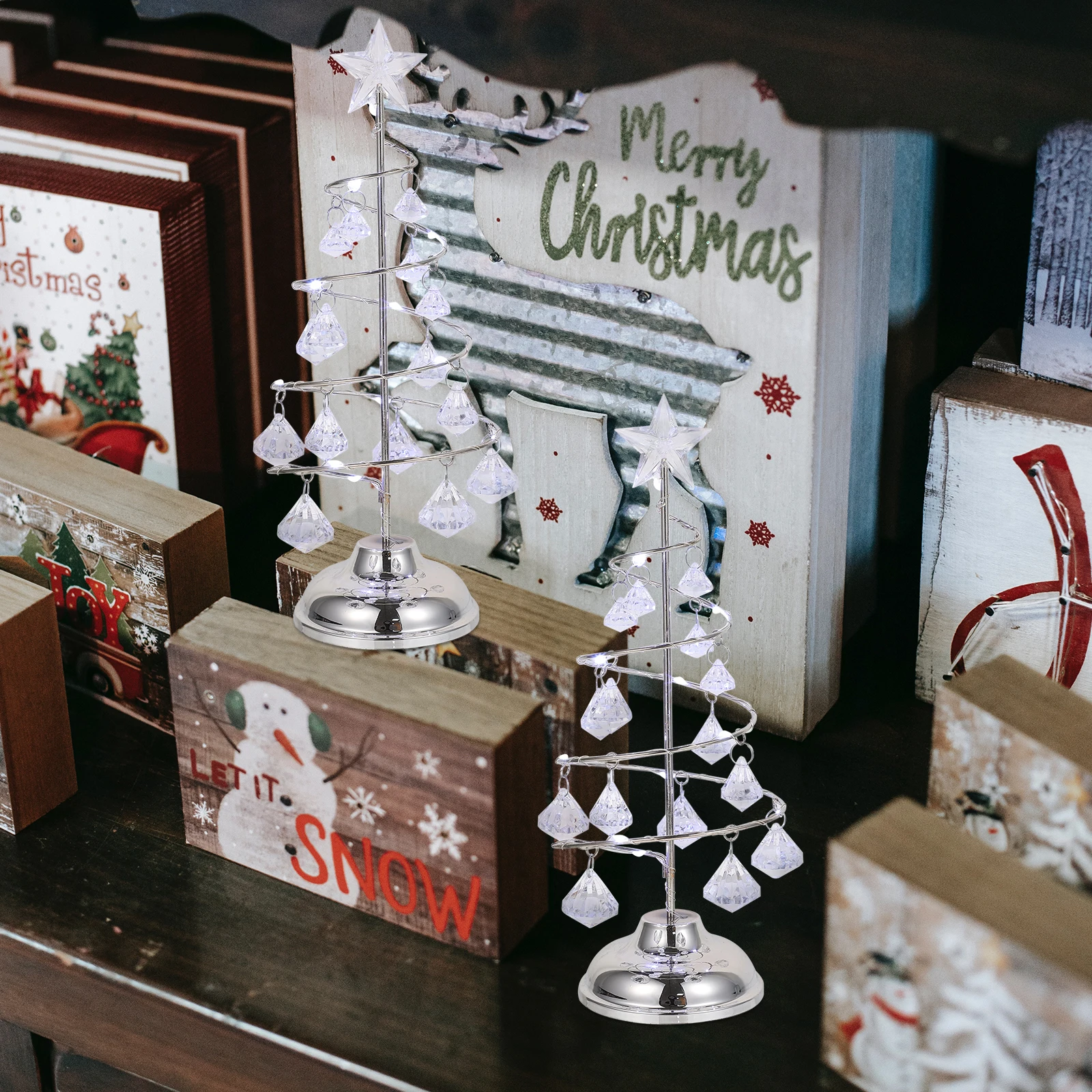 

Wrought Iron Crystal Desktop Christmas Tree Decorative Night Light Small Luminous Xmas Party Tiny Christmas Tree Ornament