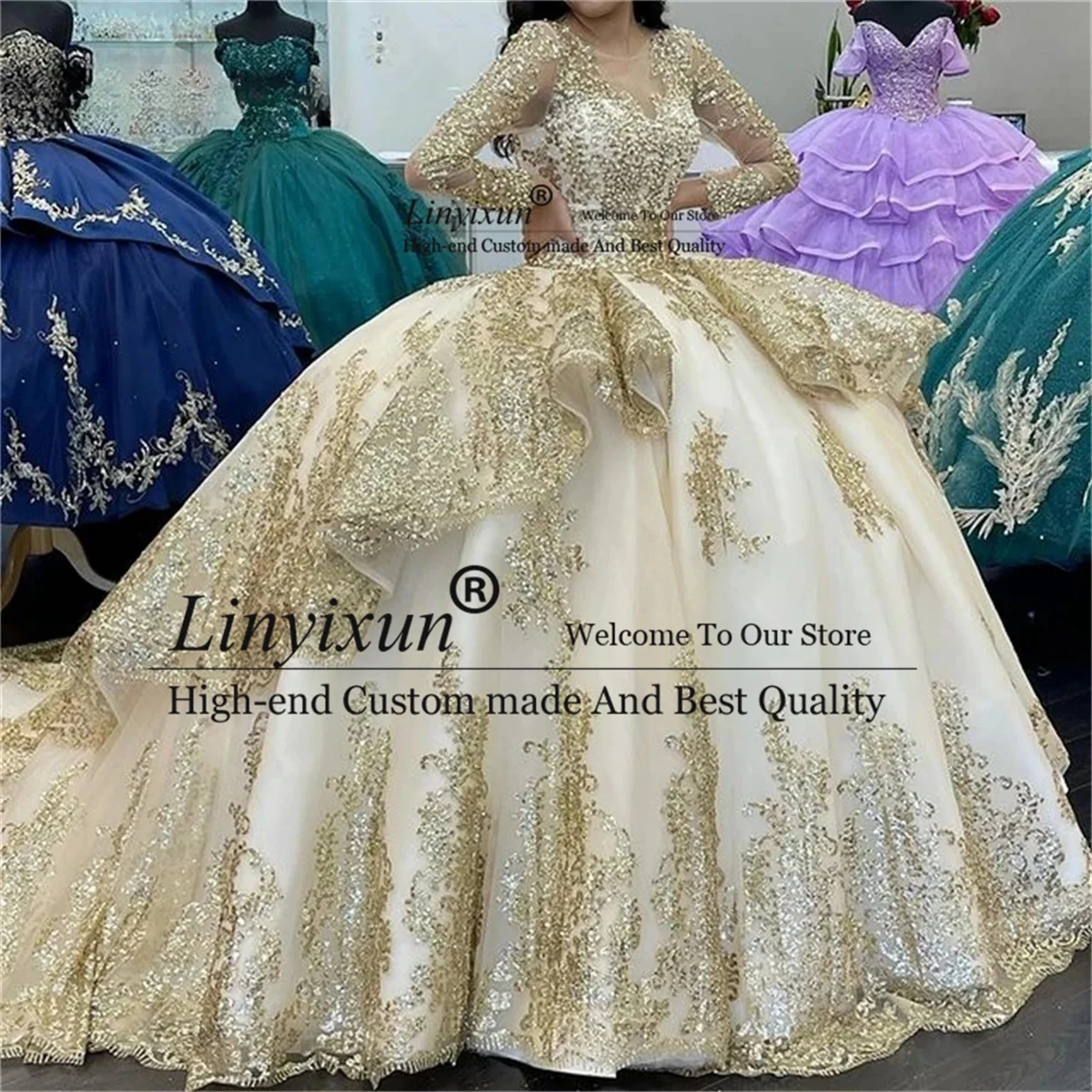 

Sparkly Sequins Appliques Quinceanera Dresses Ball Gown Long Sleeves Tulle Lace Pearls Sweet 16 Mexican Vestidos De XV 15 Años