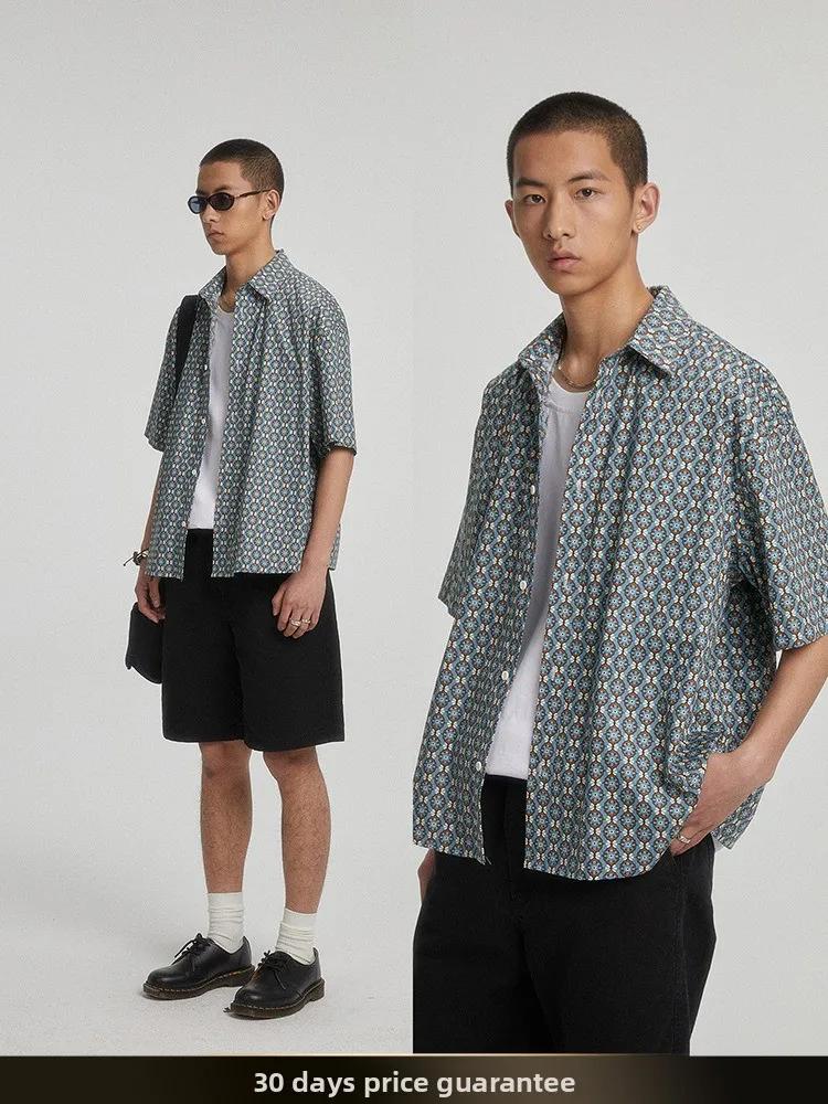 

Retro Japanese Sle Men's ort Sve irt Summer New Casual Versatile Couple's Blue Indigo Floral Print Cotton Jaet