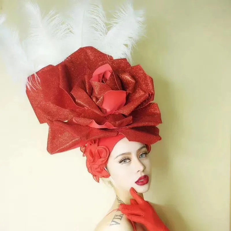 Singer Stage Performance Feather Red Rose Big Flower Headgear Prop Accessories Drag Queen Costume Christmas Festival Costume