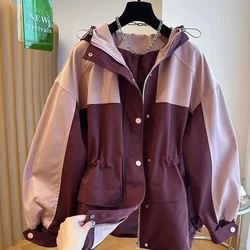 Contrasting Color Splicing Hooded Windbreaker Coat Woman 2023 Autumn New Loose Casual Waist Slimming Top Cardigan Female