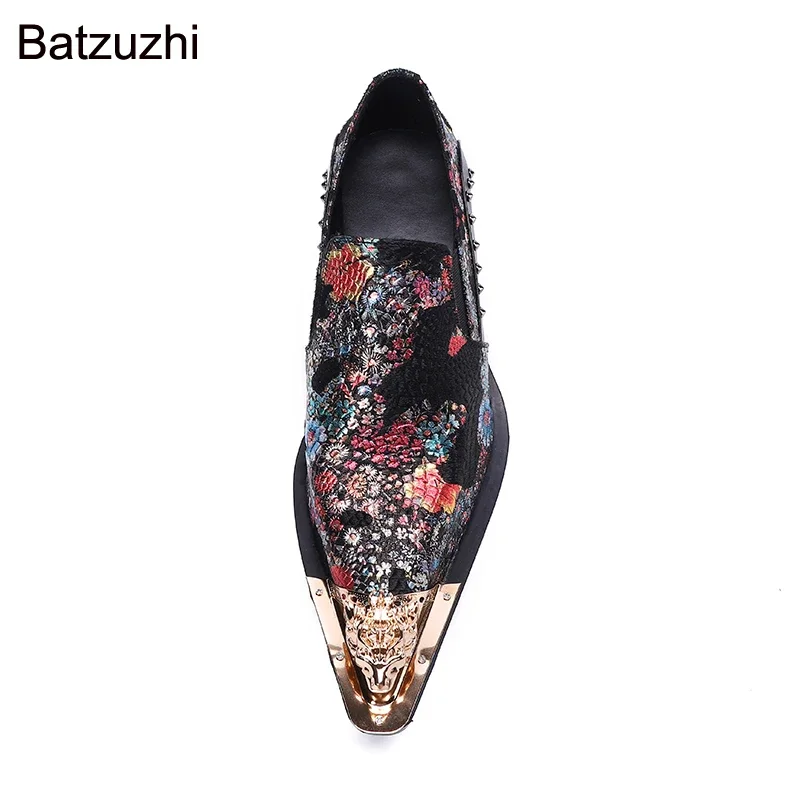 Batzuzhi Luxury Men Shoes Pointed Metal Head Black Genuine Leather Dress Shoes Men Formal Oxfords Flats for Party Wedding!