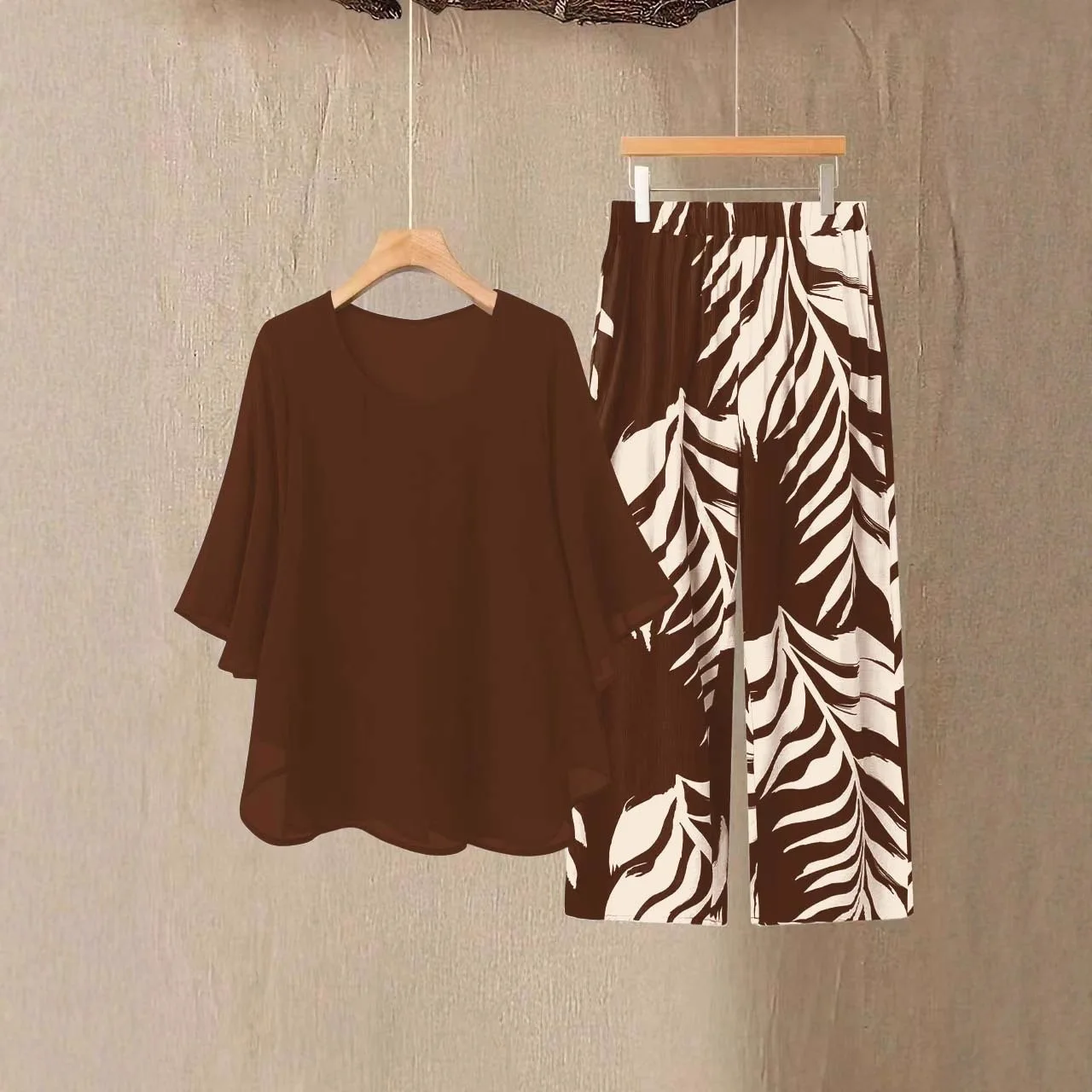 Lady Colorful O Neck Loose Suit Casual Chiffon Set Three Quarter Sleeve Top Wide Leg Pants Women Outfit Comfortable 2 Piece Sets