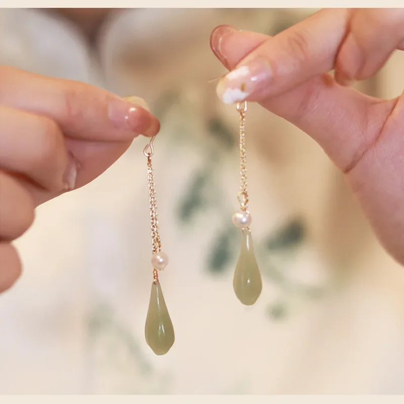 Minar Retro Multiple Green Color Hetian Jade Natural Stone Long Drop Earrings for Women Baroque Freshwater Pearl Tassel Earring