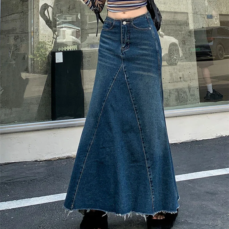 

2025 Autumn Women's Y2K Jeans American Retro High Waist Denim Skirt Raw Hem Mermaid Maxi Length Flared Style 2750
