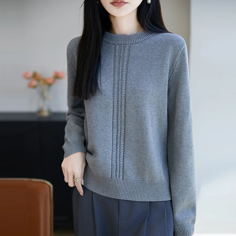 High End 100% Cotton Women's Sweater Autumn and Winter Casual Knitted Pullover Loose Round Neck Top Fashionable Hot Selling