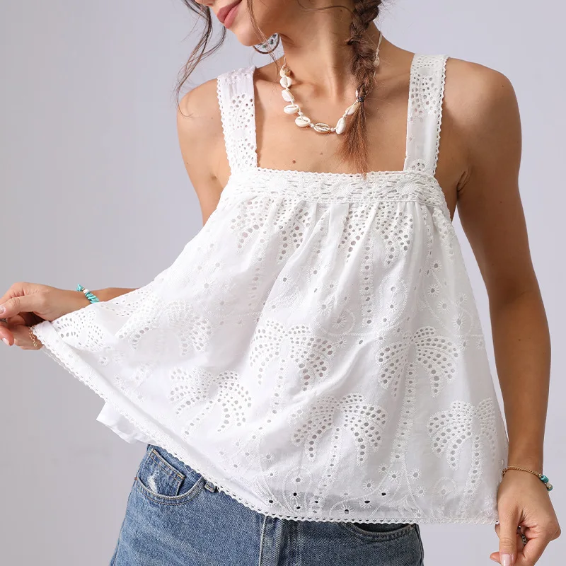 

Summer French Style Women's Tanks & Cami 100% Cotton White Lace Floral Hollow Out Vocation Party Loose Lace Shirt Tank Top New