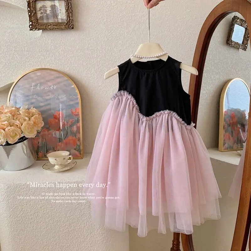 Girls Casual Dresses Color Contrast Patchwork Mesh Princess Dress Toddler Girl Clothes Party Dress Kids Girl Princess Dresses