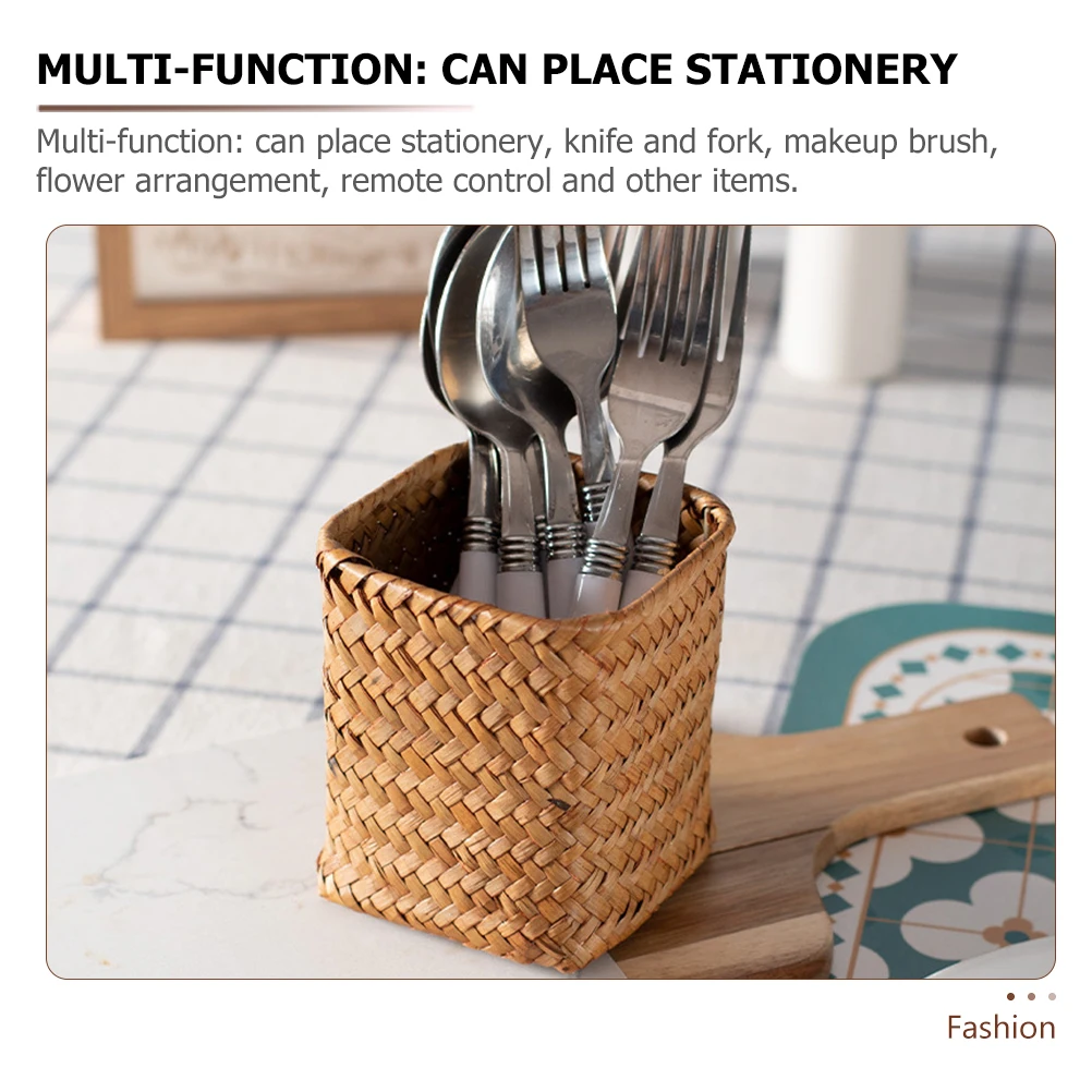 

1pcs Pen Holder Desk Organizer Straw Woven Pencil Cup Silverware Storage Makeup Brush Container Remote Control Flower