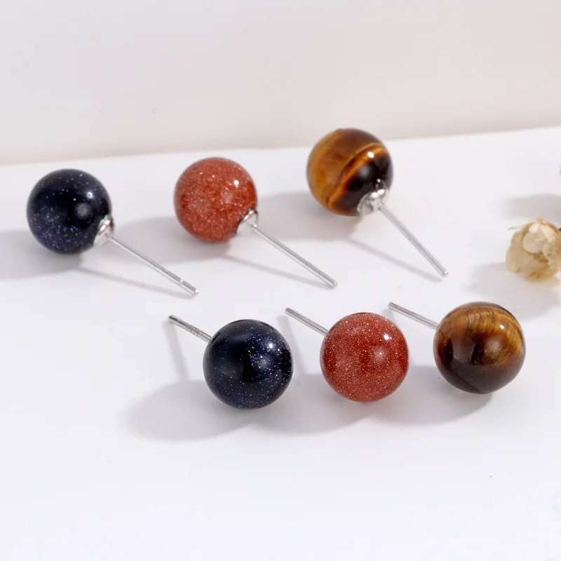

Круглые серьги-гвоздики из синтетического аметиста с тигровым глазом и агатом для женщин, модные простые серьги-гвоздики из стерлингового серебра S925 с кристаллами