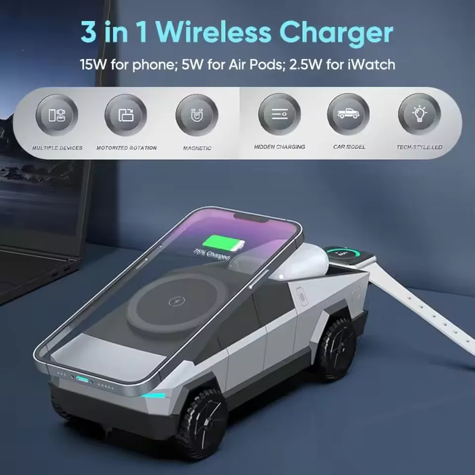

Настольное беспроводное зарядное устройство Qi2 3-в-1 Cybertruck для iPhone (15 Вт), Iwatch (5 Вт), Airpods 2,5 Вт, многофункциональная зарядная станция USB-A
