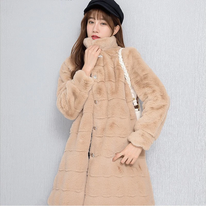 

2023 Autumn Winter Mid-Length Women's Faux Mink Fur Coat Thick Warm Stand Collar Single Breasted Furry Overcoat Lady