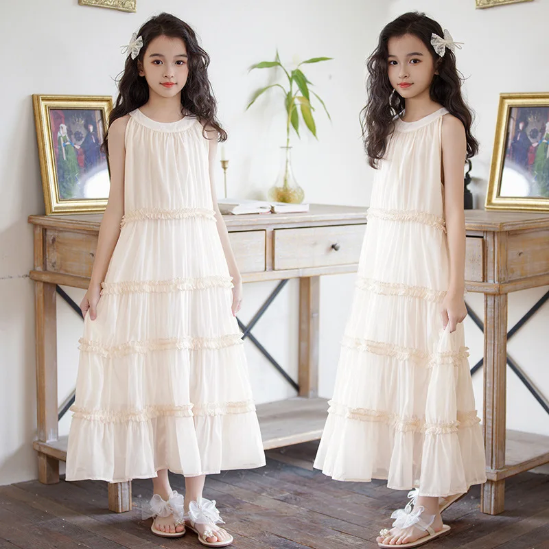 

Girls' Summer Sleeveless Strappy Maxi Dress 2026 New, Casual Long Gown for Big Kids Breathable Daily Wear