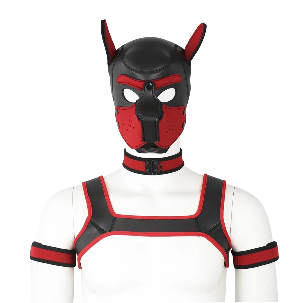 

Men Costume Dance Dog Mask Neoprene Play Body Restraint Costume Chest Harness Man Top Belt Dog Hood Choker Collar Arm Set