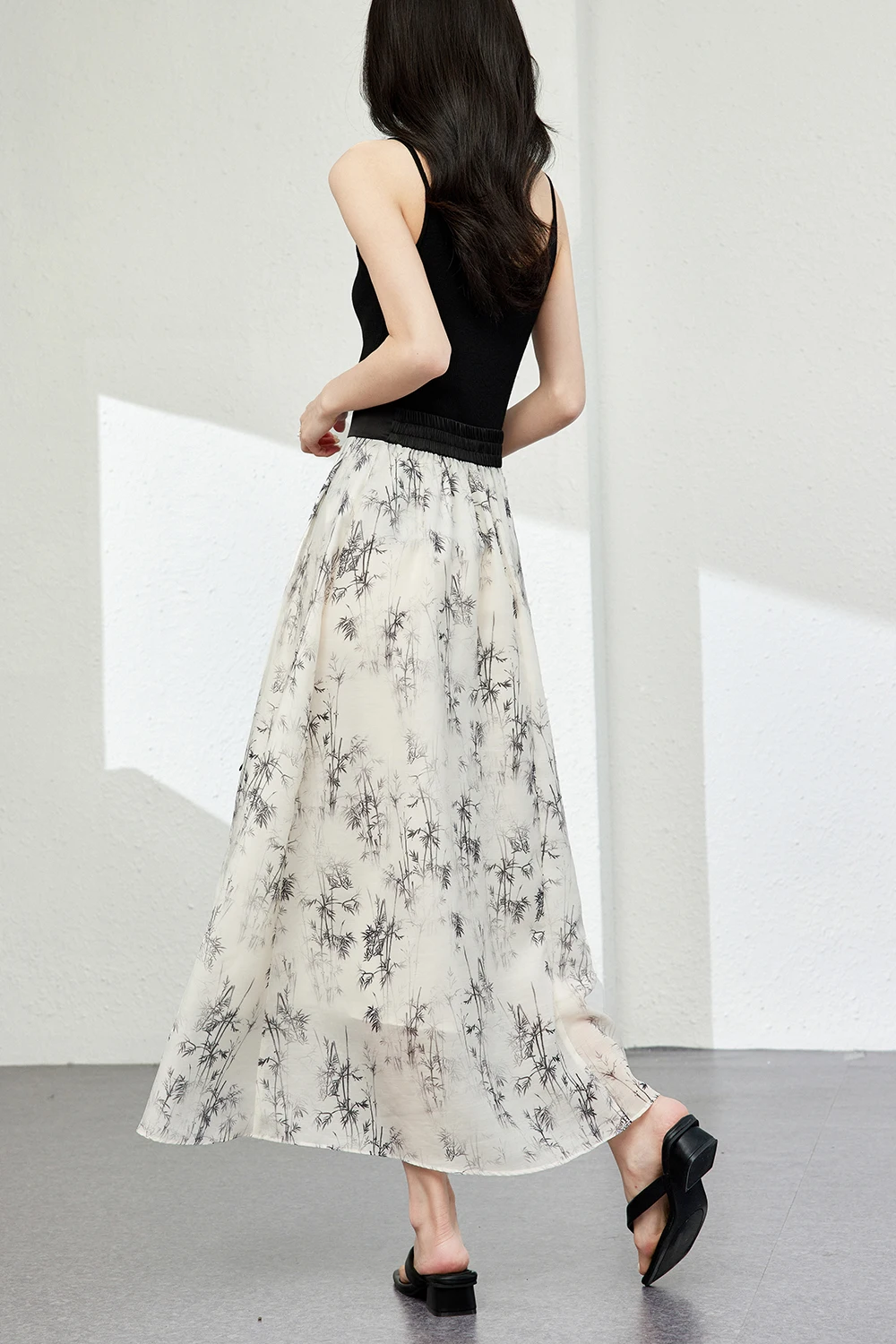 VIMLY Women\'s New Chinese Ink on Bamboo Printed Elegant Skirt Summer New Loose Umbrella A-Line Elastic Waist Skirt With Lining