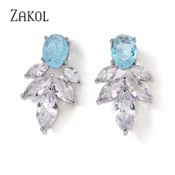 ZAKOL Luxury Oval Leaf Royal Blue Blasting Cubic Zirconia Stud Earrings for Women Female Charm Flower Earring Party Jewelry