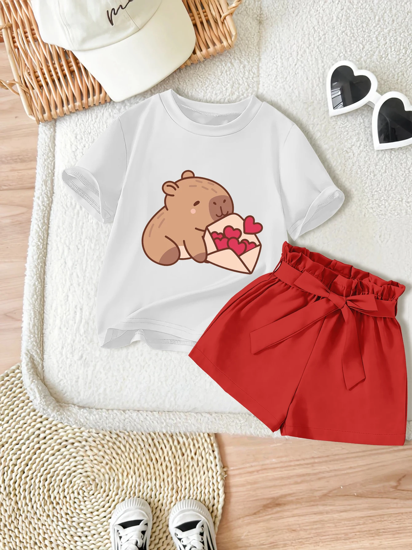 

2 предмета: летний милый комплект для девочек на День святого Валентина: футболка и тканые шорты с бантом, капибара с принтом конверта