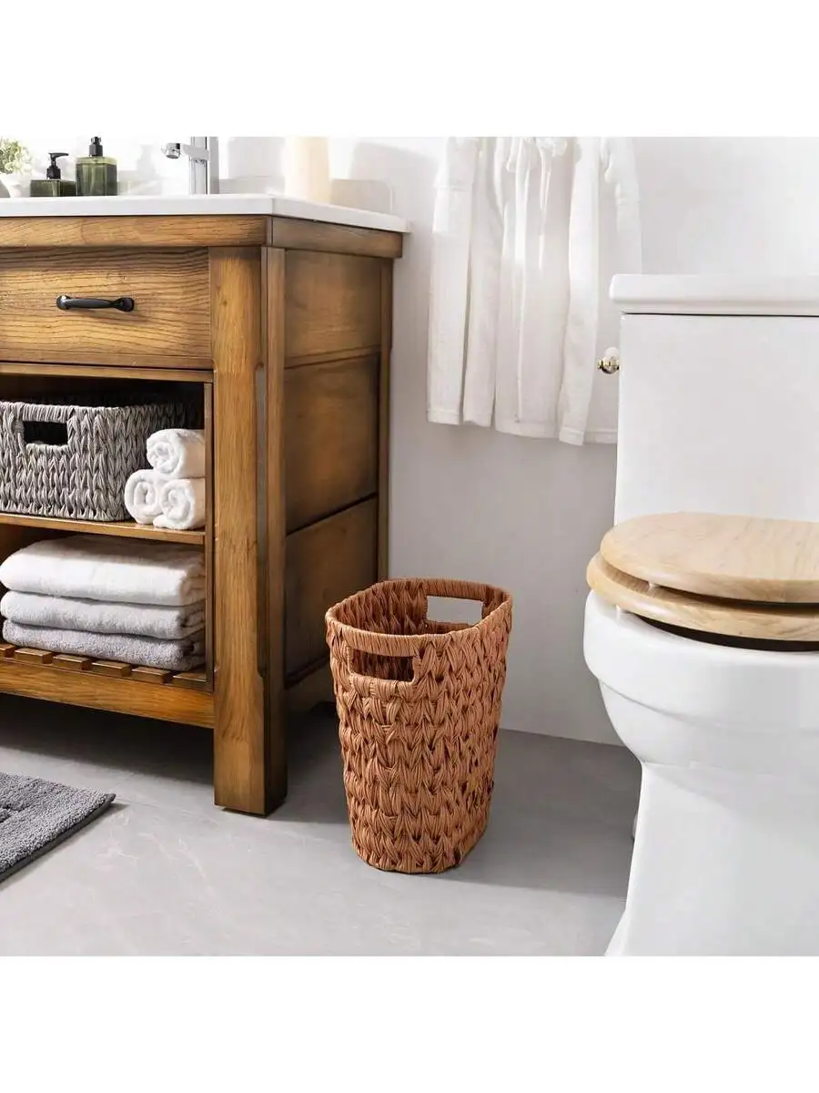 

Wicker Trash Can With Handles For Bathroom Bedroom Boho Style 19L Caramel Orange