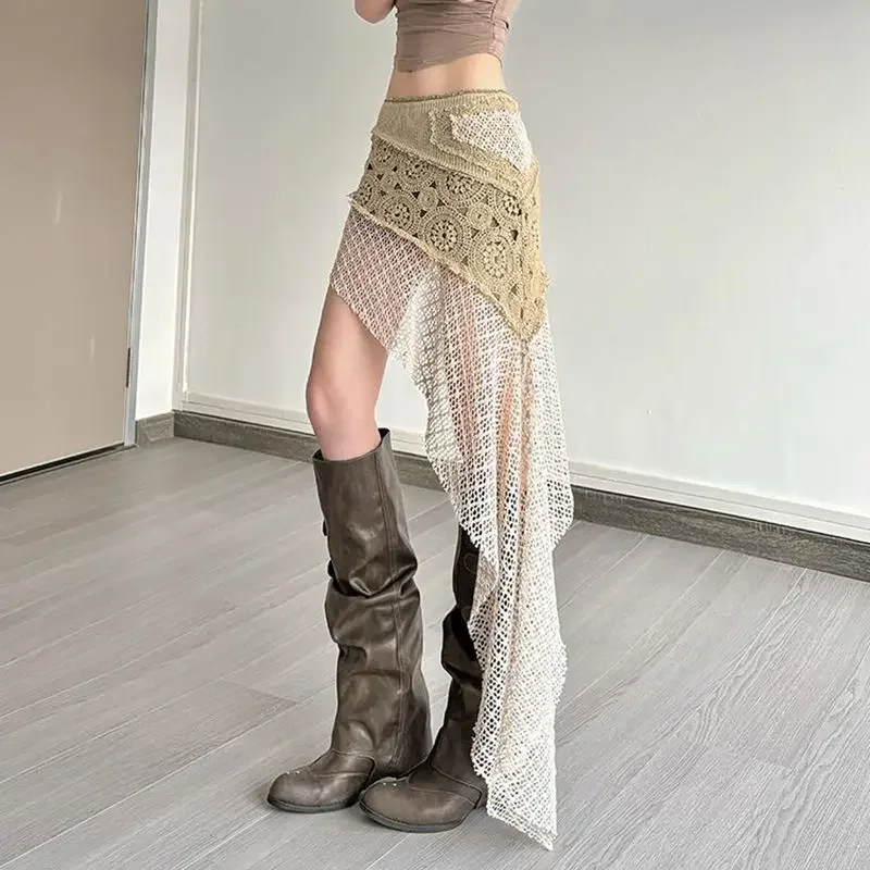 

Bohemian Vintage Embroidery Knitted Skirts Summer Lace Patchwork Skirt for Women 2025 New Slim Fit Bodycon Faldas Mujer