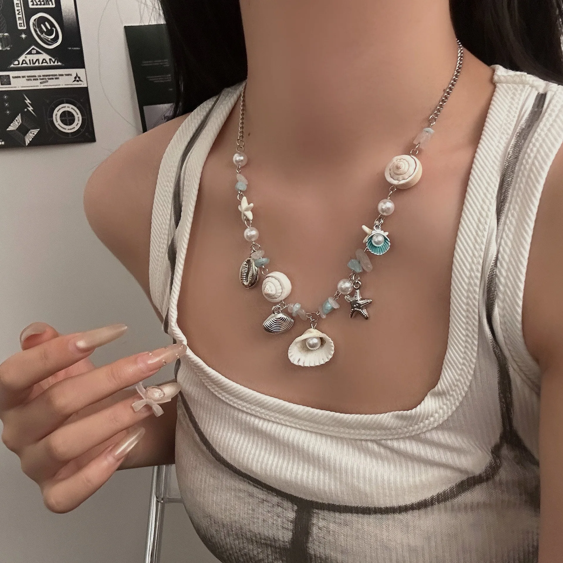 

DUTRIEUX Bohemian Beach Vacation Style Star Shell Pearl Beaded Necklace Women's Summer Sweet Cool Choker Pendant Accessory Gifts