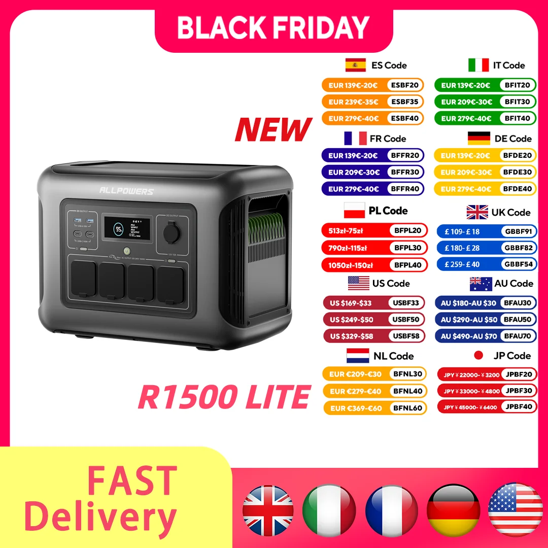 ALLPOWERS R1500 LITE Portable Power Station 1056Wh LiFePO4 Battery 1600W (3200W peak) AC Output Solar Generator for Camping RV