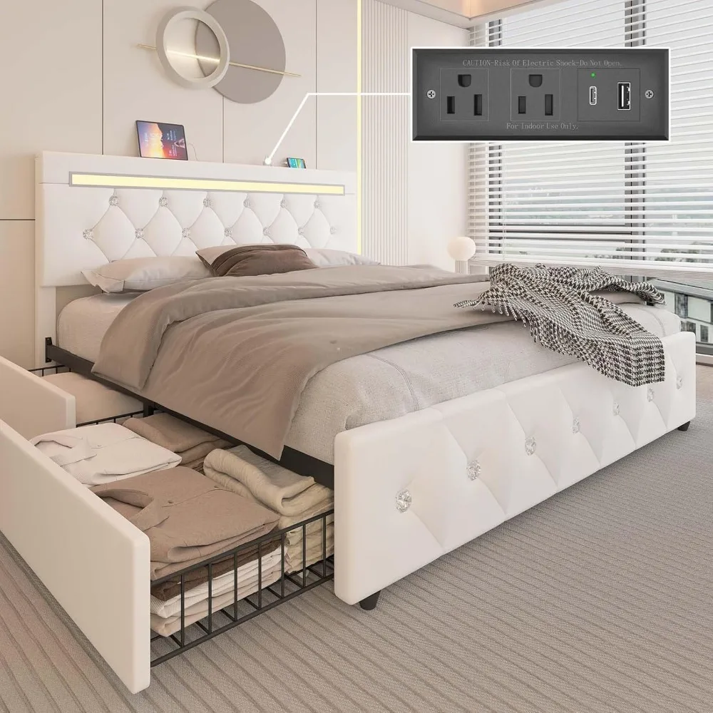 Queen Size Bed Frame with 4 Storage Drawers and LED Light, Upholstered Platform Storage Bed with Charging Station and Adjustable