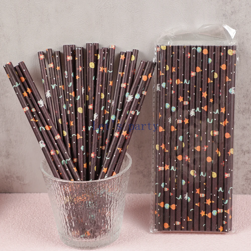 50Pc Cartoon Outer Space Theme Paper Straws Astronaut Rocket Juice Drinking Straw for Kids Birthday Baby Shower Party Decoration