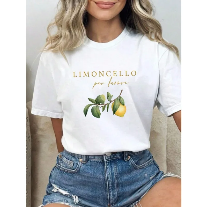 Lemon Slogan Women's Summer Casual Round Neck T-Shirt LIMONCELLO Per Favore Round Neck Harajuku Plus Size Street Comfort T-Shirt