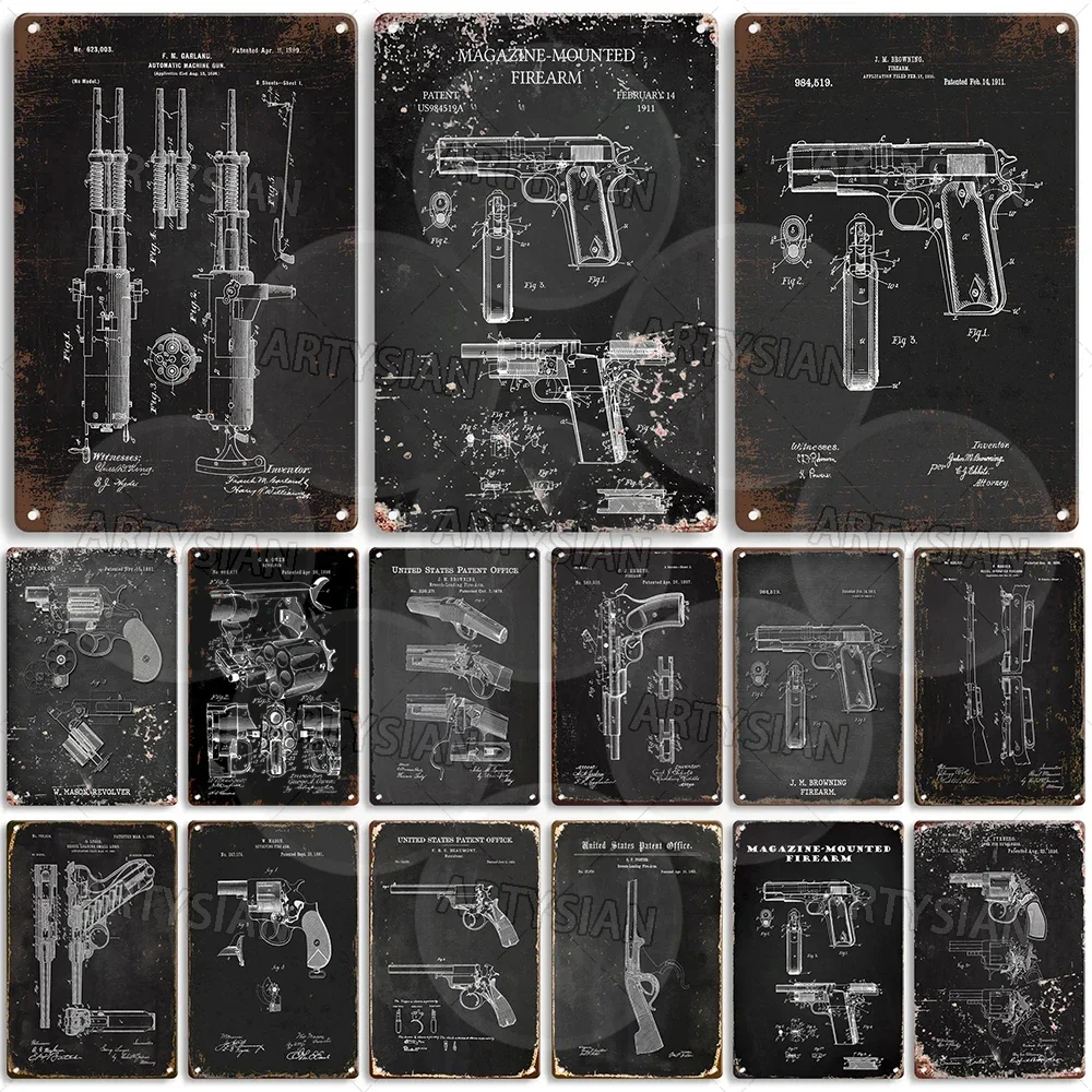 Patent Metal Sign Browning Magazine-Mounted Pistol Luger Fyberg Revolver Owen 1898 Ebets Firearm F.M. Garland Mason Machine