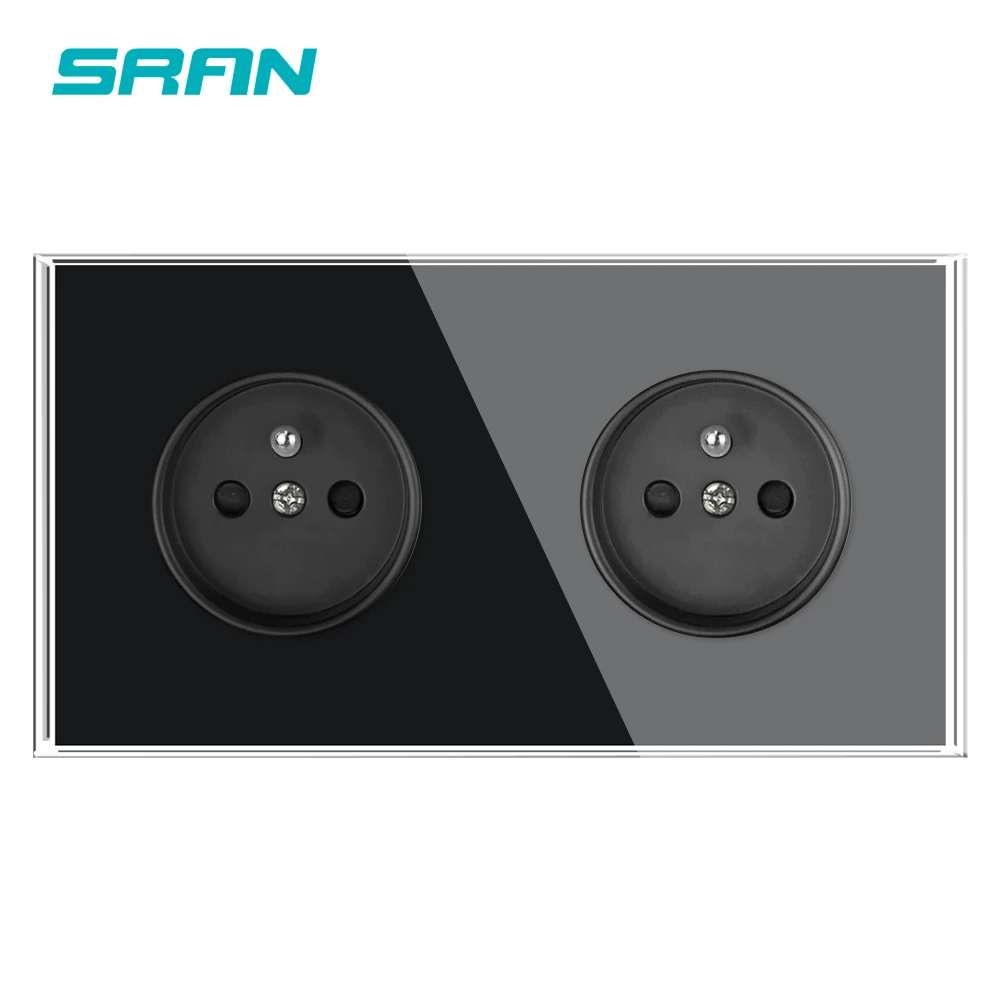 SRAN French multi electrical socket, Full Screen Tempered Glass Panel, AC 110~250V 16A Double french wall socket for home