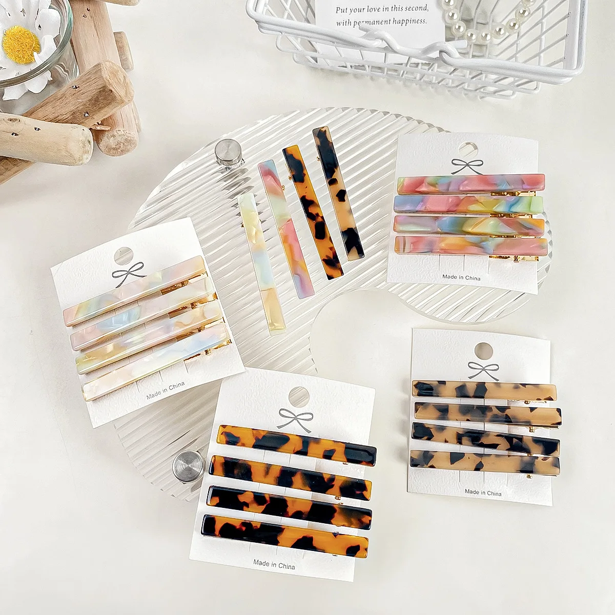 Pack of 4 acetic acid hairpins, simple broken hair one-word clip, candy-colored bangs clip, side duck bill clip hair accessories