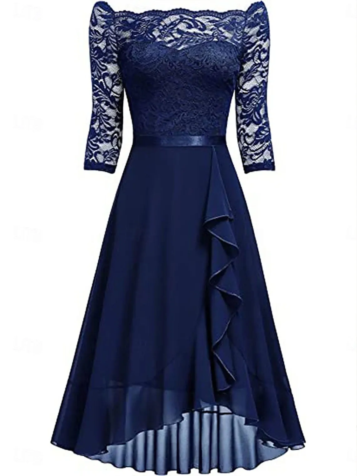 Elegante A-lijn galajurk off-shoulder 3/4 mouw kant geplooid asymmetrische zoom bruiloftsgastjurk 2025, gratis op maat