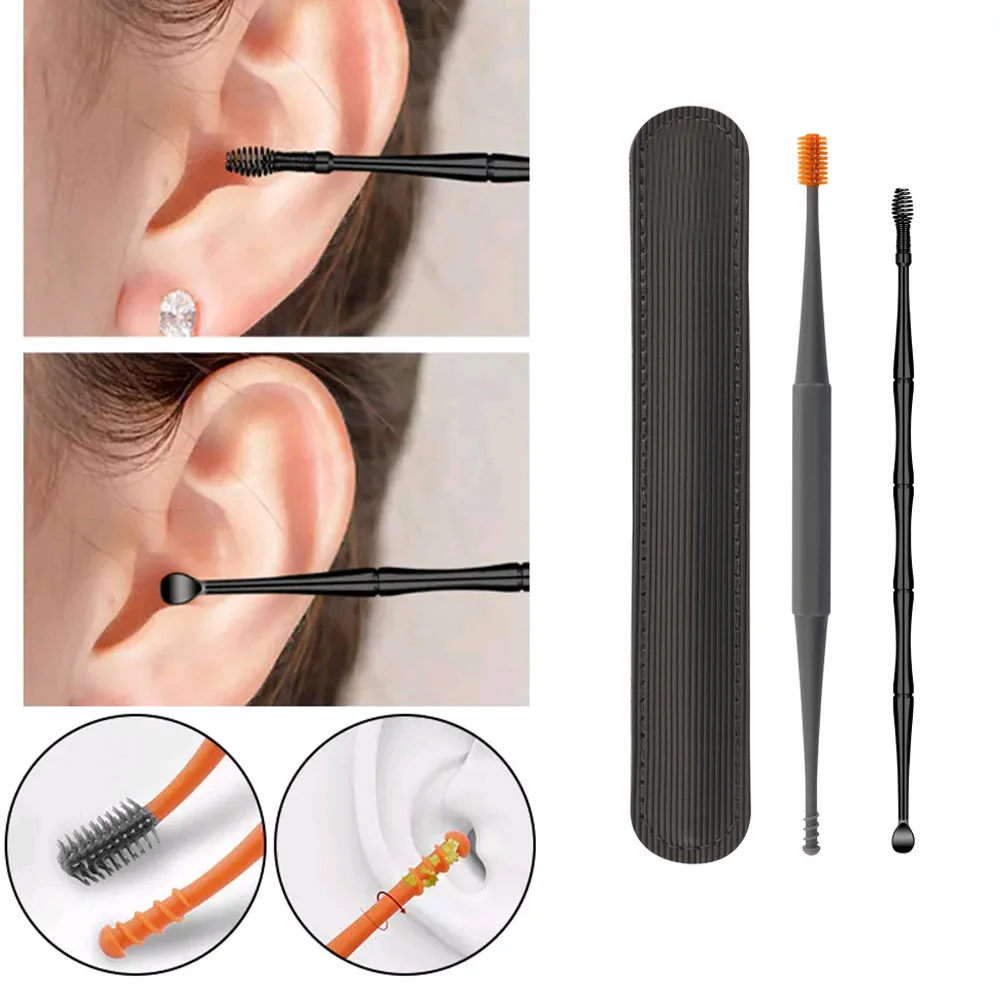 2pcs Ears Wax Removal Tool Ear Cleaning Sticks Earpick Remover Silicone Ear Pick Double Head Ear Cleaner 360° Spiral Swab