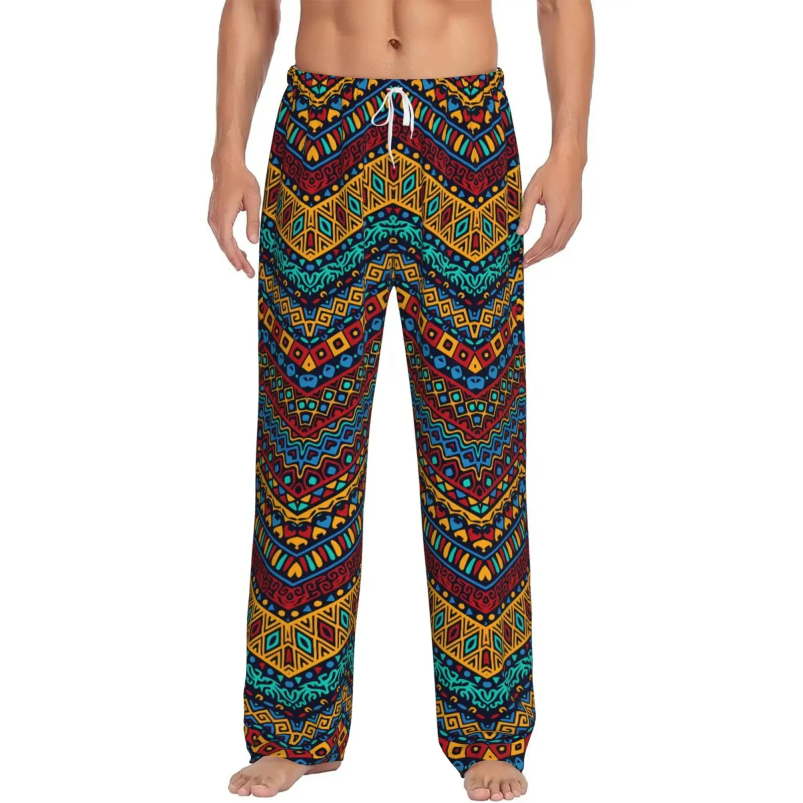 

Mens Casual Pajama Long Pant Loose Elastic Waistband Boho Chic Ethnic Aztec Cozy Sleepwear Home Lounge Pants