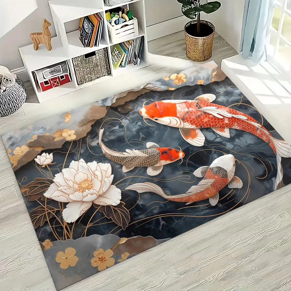 Luxurious Lucky Koi Fish Yin Yang Carp Cartoon Rug for Bedroom Living Room Sofa Home Doormat Decor Large Kids Non-slip Floor Mat