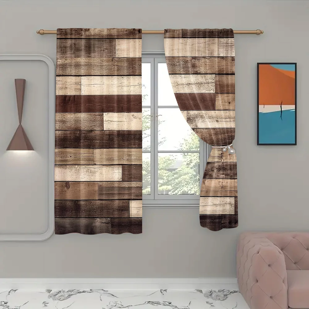 2Pcs Wooden Curtains Wall Floor Textured Planks Panels Art Grain Cottage Lodge Hardwood Pattern Window Drapes_ai5