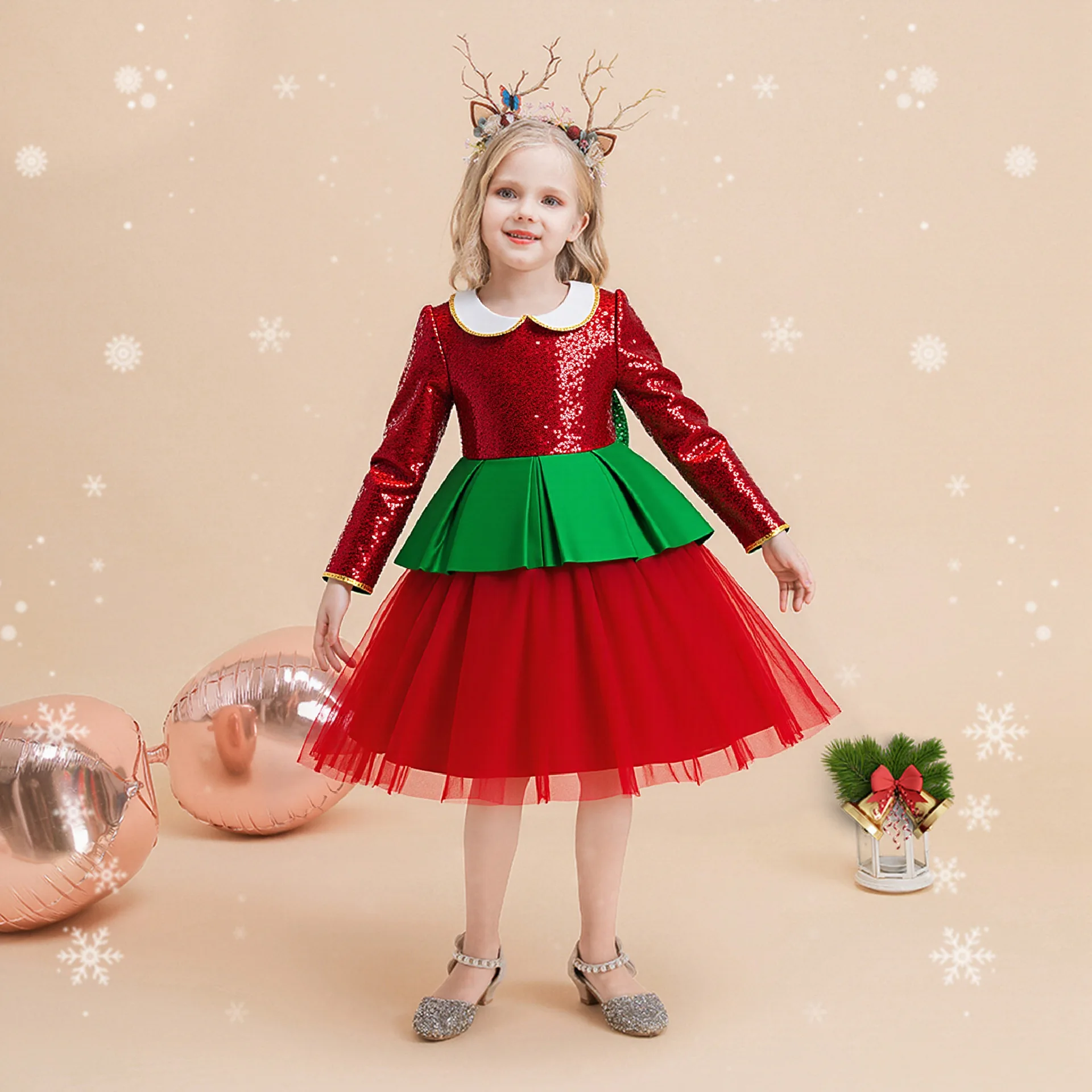 

Sequins Red Christmas Costume Long Sleeve Bow Dress For Kids Girls Halloween Party Pageant Prom Mesh Santa Claus Princess Dress