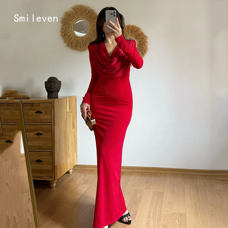 

Smileven Novel Red Mermaid Prom Dress V Neck Party Gowns Pleat Full Sleeve Formal Occassion Dress Customized 2026