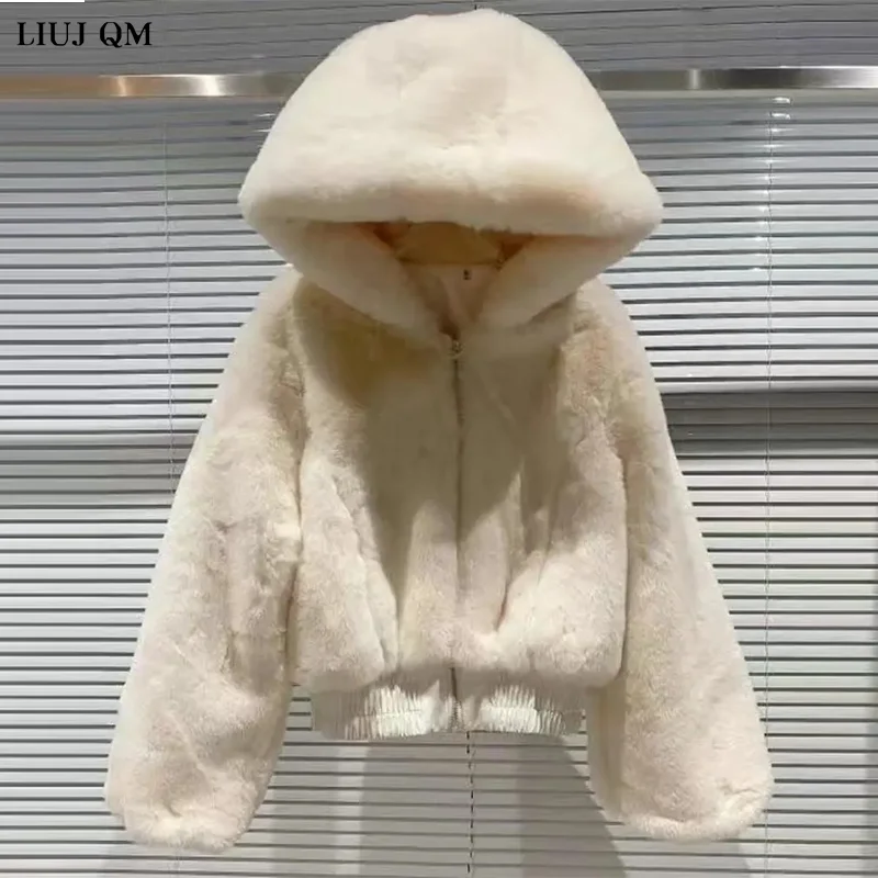 Faux Fur Coat Women 2023 Winter Clothing New Fashion Mink Fur Short Parka Furry Horn Buckle Hooded Faux Jacket Female Large Size