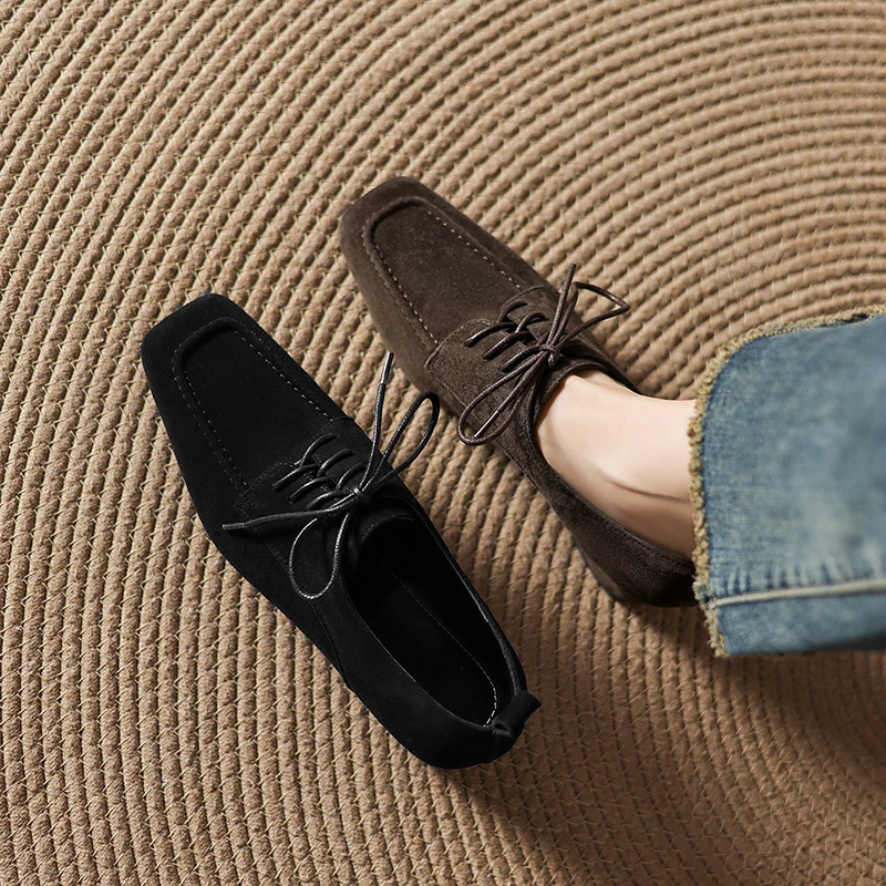 2026 new spring summer women pumps natural leather 22-25cm kid suede+sheepskin square toe thick heel lace-up women shoes fashion